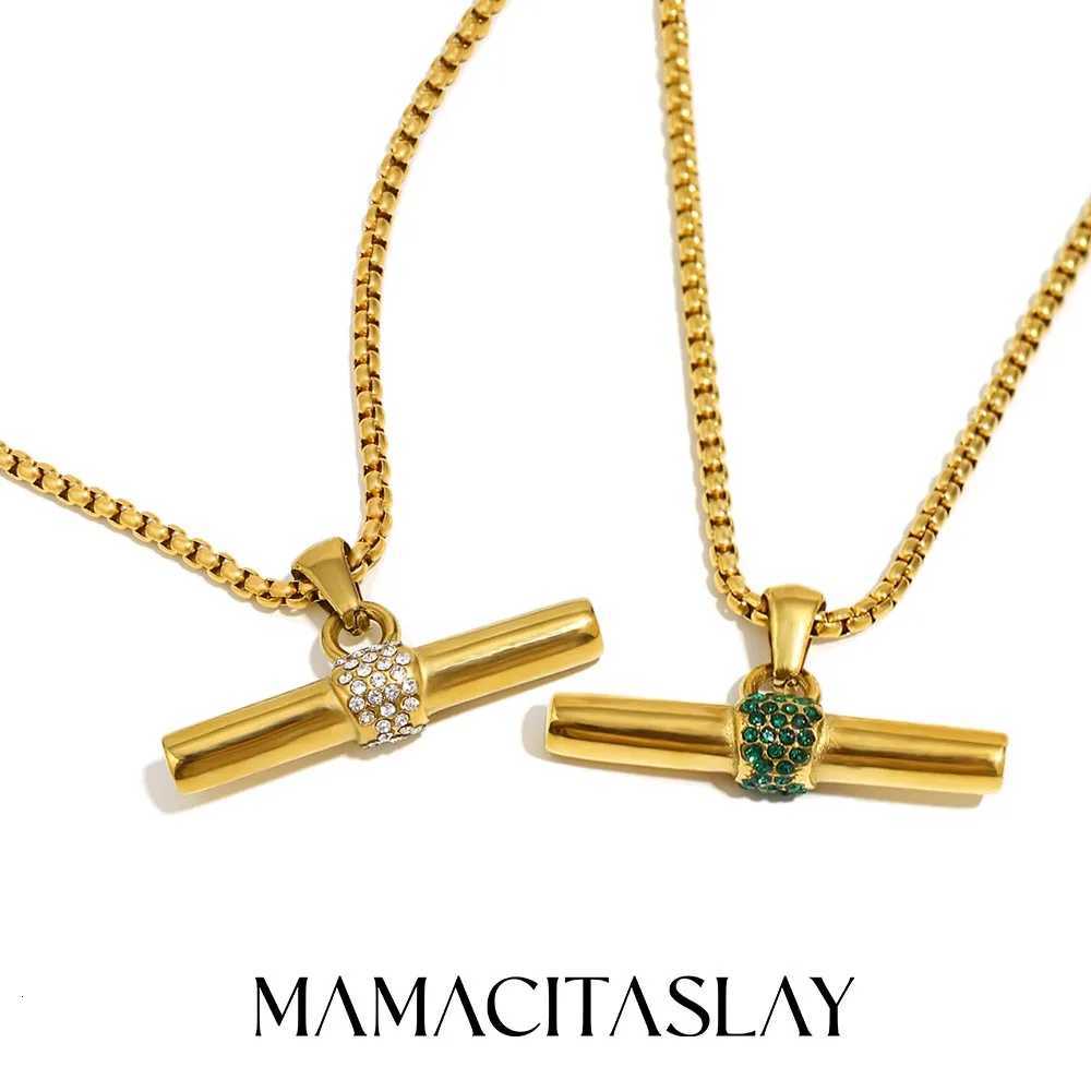 MamacitaSlay Green Clear Zircon T-Bar Pendant Necklaces 18K Gold Plated Waterproof Hypoallergenic Box Chain Necklaces for WomenT251122
