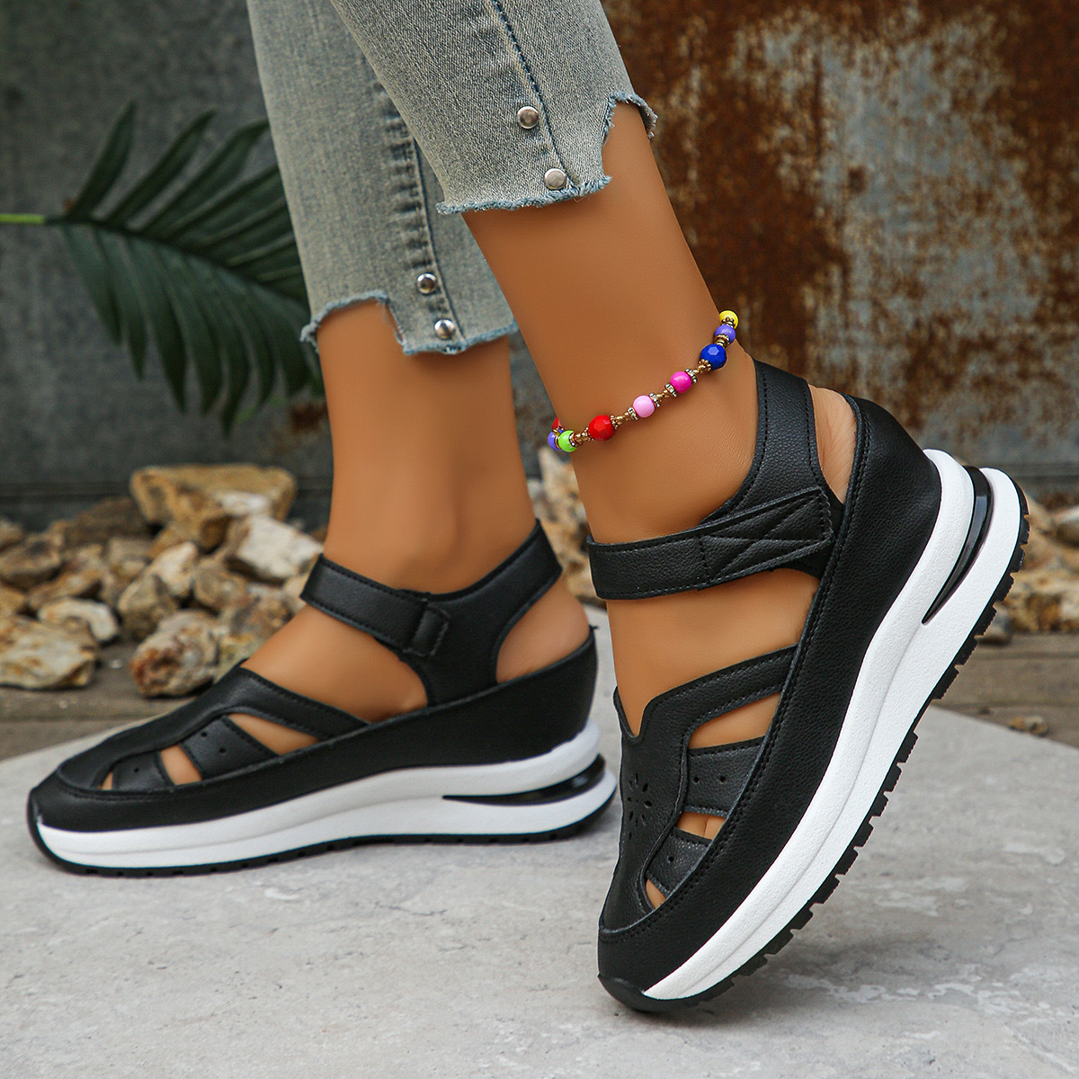 New Women Fashion Sandals Hollow-Out Wedge Platform Heel Round Toe Rubber Sole Casual Sports Shoes