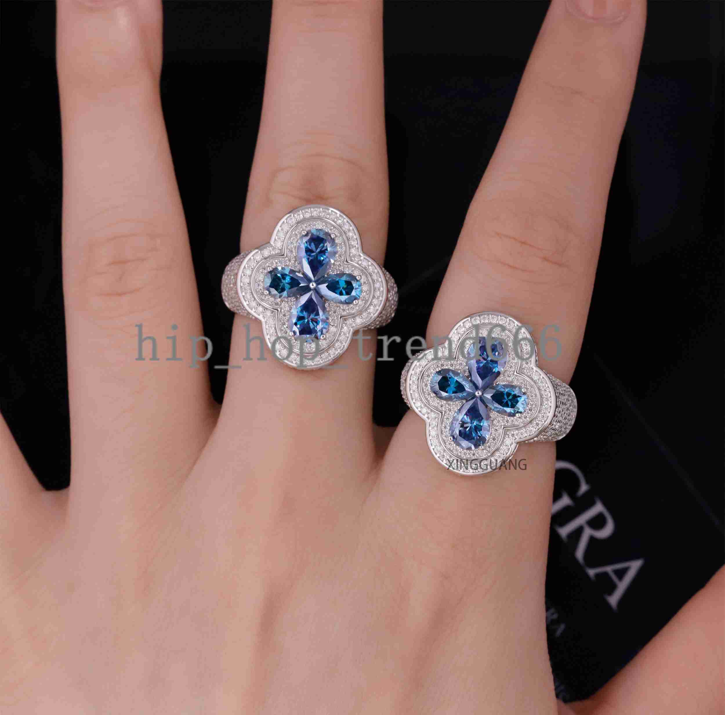 Hot Selling New Arrival Colours Moissanite Ring S925 Silver with D Color VVS Moissanite Ring Hip Hop Clover Ring