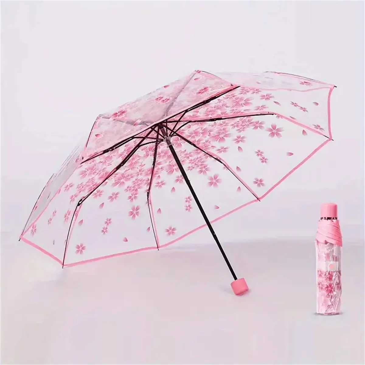 Korean Umbrella Cute Mini Fresh and Three-Fold Japanese Cherry Blossom Transparent Umbrella Rainproof and WindproofM251122