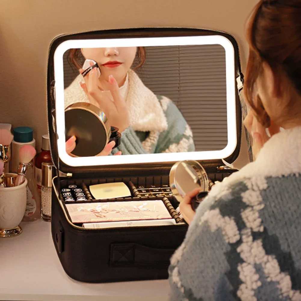 Smart LED Cosmetic Case With Mirror Travel Makeup Bag Large Capacity Female Beautician Skincare Product Makeup Case For Women M251122