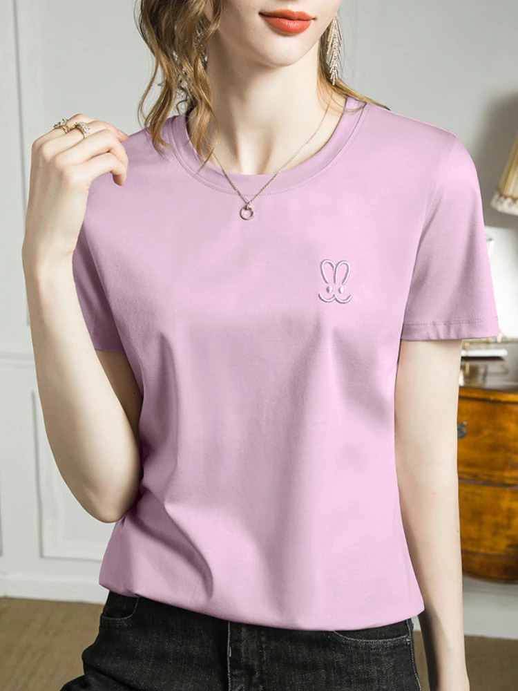 Womens pure cotton Tshirt summer casual short sleeved round neck ed rabbit basic silk combed fashionable 250418