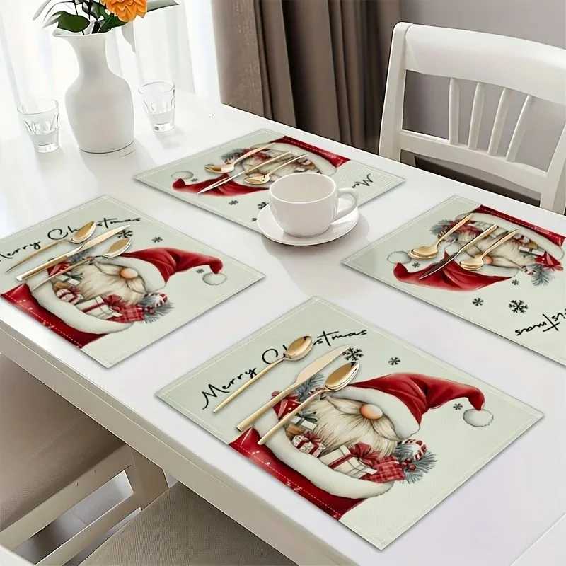 Christmas Table Mat with Santa Hat Cartoon Character Gift Boxes Pine Branches Merry Christmas Text Golden Fork Spoon Set C251122
