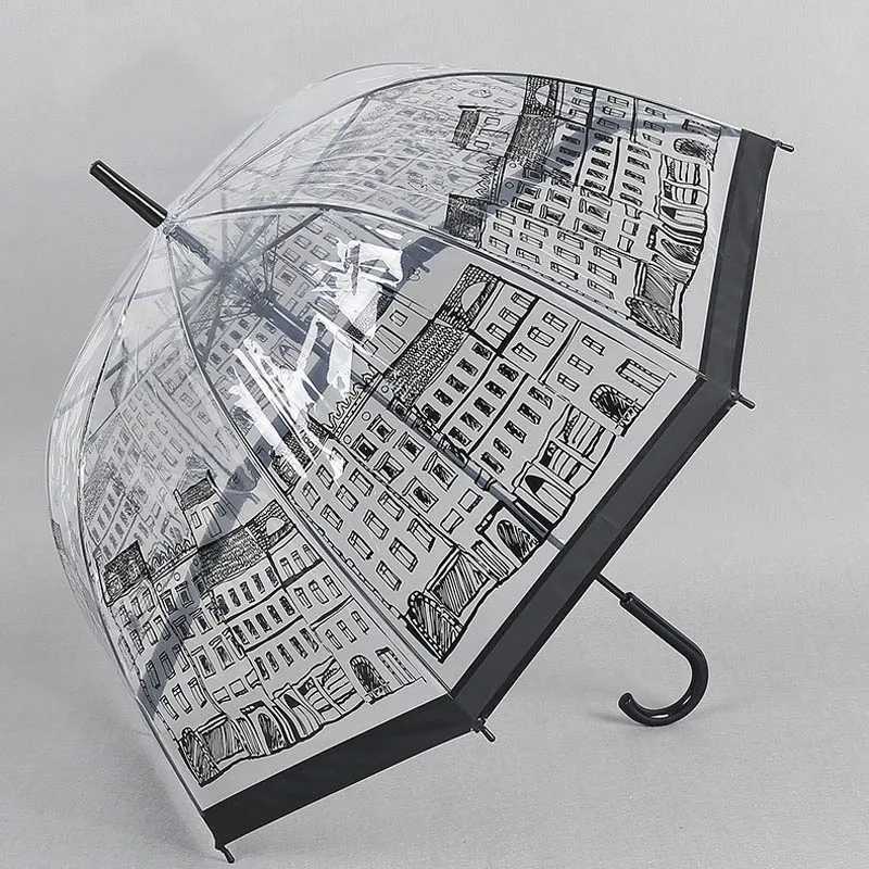 Women Transparent Clear Umbrellas House Building Outdoor Lady Girl Mushroom Umbrella With Long Handle Large Colorful UmbrellaM251122