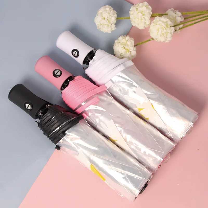 Fashion Transparent Fold Women Rain Umbrella Clear Fully Automatic Umbrellas Luxly Men Bussiness Daisy Flower Printed UmbrellaM251122