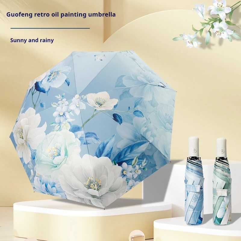 Triple Fold Umbrella Black Glue Chinese Style Peony Sun Protection Umbrella Anti UV Clear Umbrella Sun Umbrella Folding UmbrellaM251122