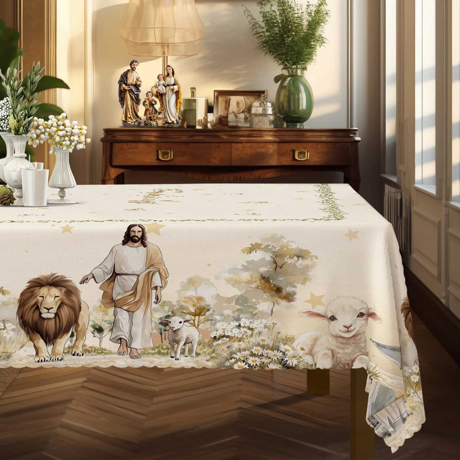 1 Piece Jesus Lion and Sheep Pattern Printed Polyester Tablecloth 4 SelfAdhesiveS tickersE mbossedE dgesS uitablef orH omeK itchenL ivingR oomD iningT