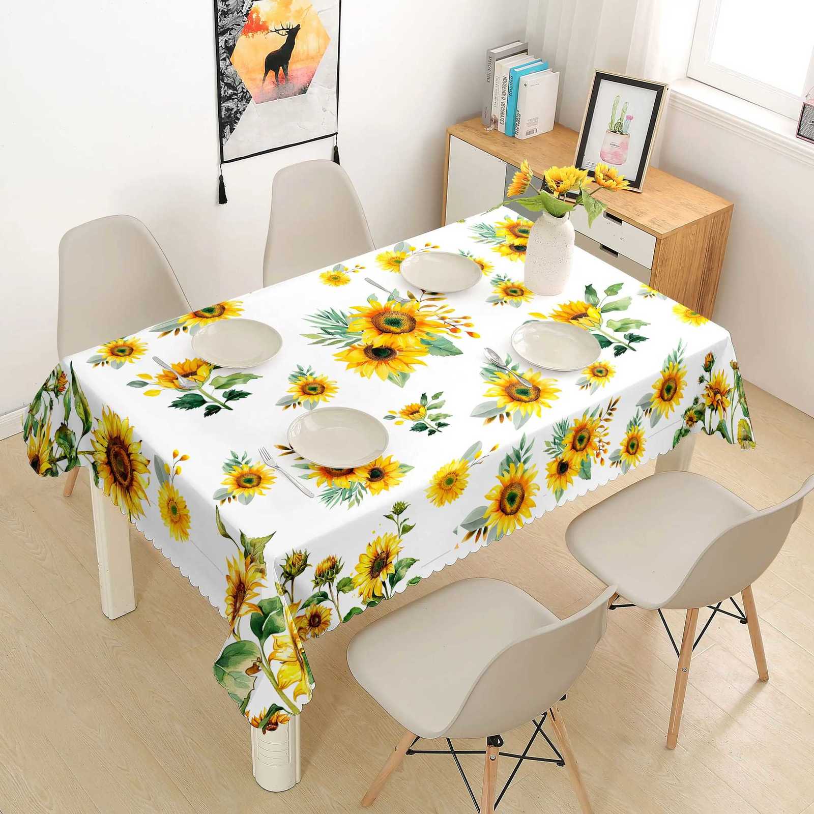 1 Piece Sunflower Floral Print Tablecloth 4 SelfAdhesiveS tickersE mbossedE dgesS uitablef orH omeK itchenL ivingR oomD iningT ableB alconyC offeeT C2