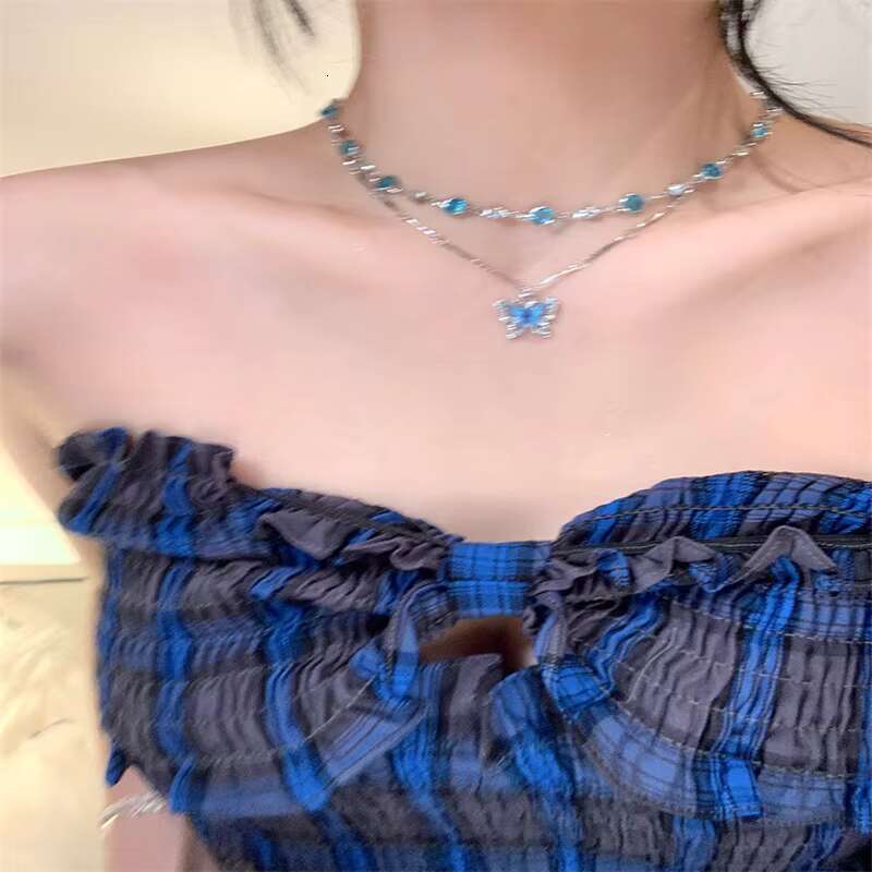 Double Layer Wear Blue butterfly Zircon Necklace Light High Sense Clavicle Chain Fashion Design Niche Accessories
