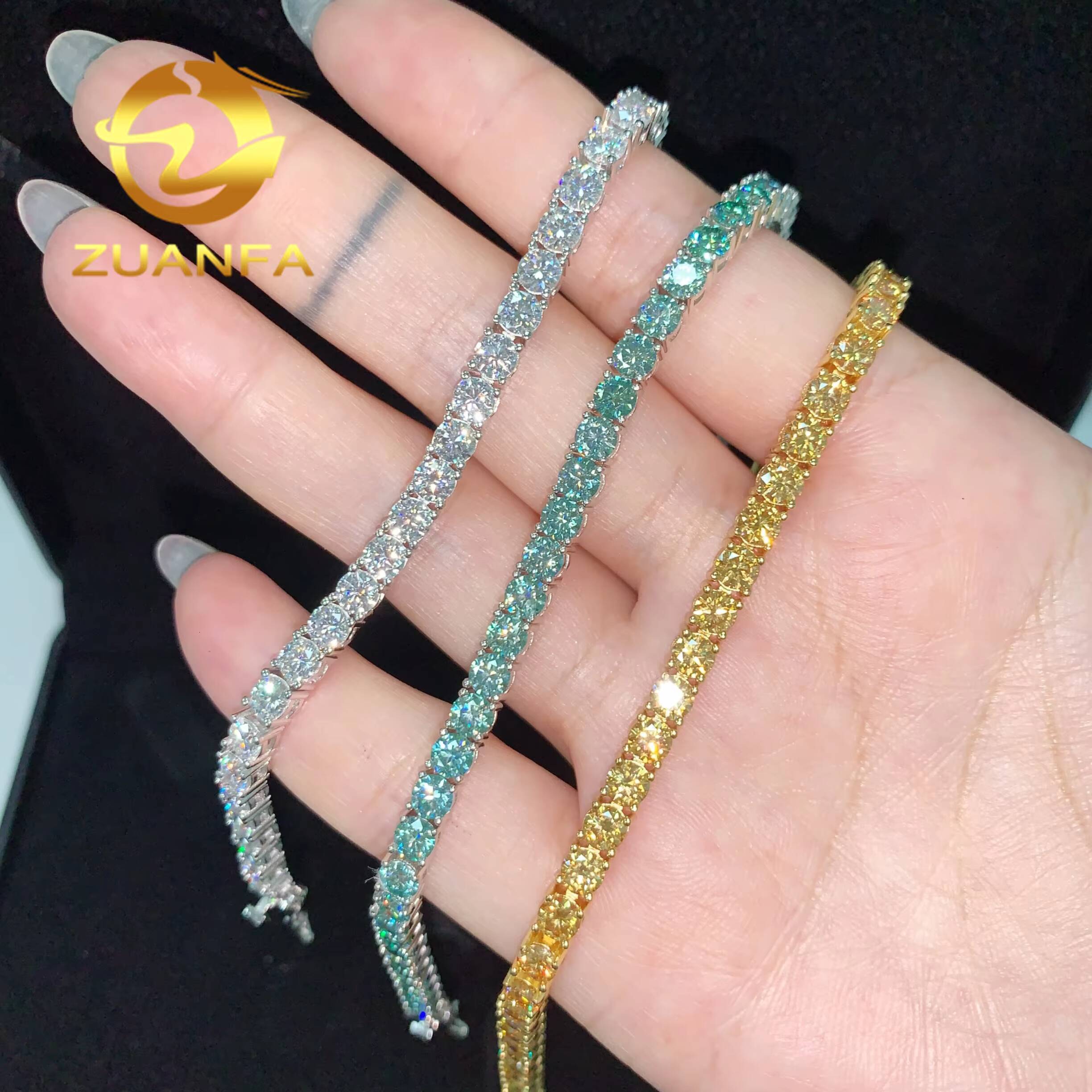 Ready Stocks Yellow Moissanite Blue Green Color Moissanite Tennis Chain Necklace 3mm 4mm Silver Iced Out Hip Hop Jewelry