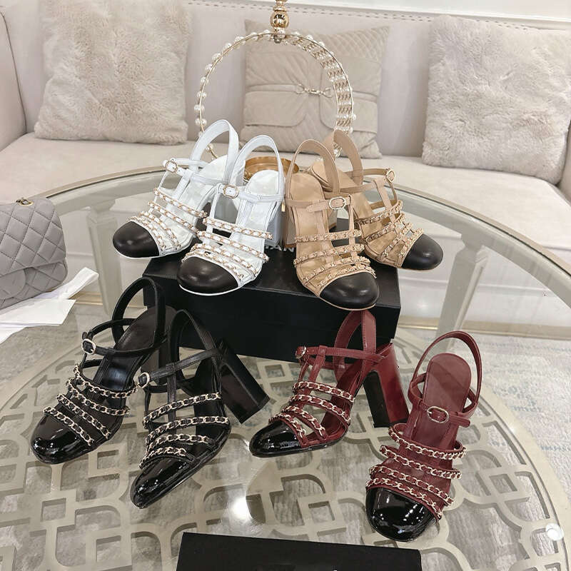 fashion designer shoe woman Round Toe sheepskin metal chain decoration color blocking clog Chunky Heel sandal luxury Sandals Slingback dress outdoor wedding shoes