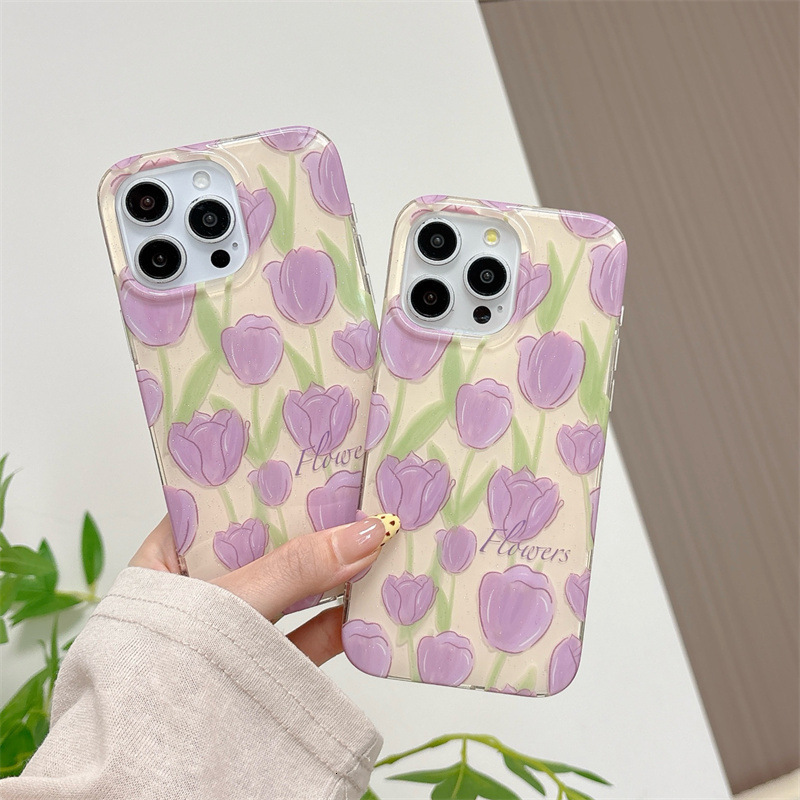 Fine Glitter Full Screen Purple Tulip Phone Case for iPhone 17 Pro Max High-end Feel iPhone 16/15 Pro