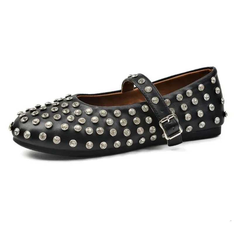 Luxury Crystal Rhinestone Fishnet Ballet Flats Woman Brand Design Rivet Studs Mesh Mary Jane Shoes Ladies Summer Cut Out Loafers X251122