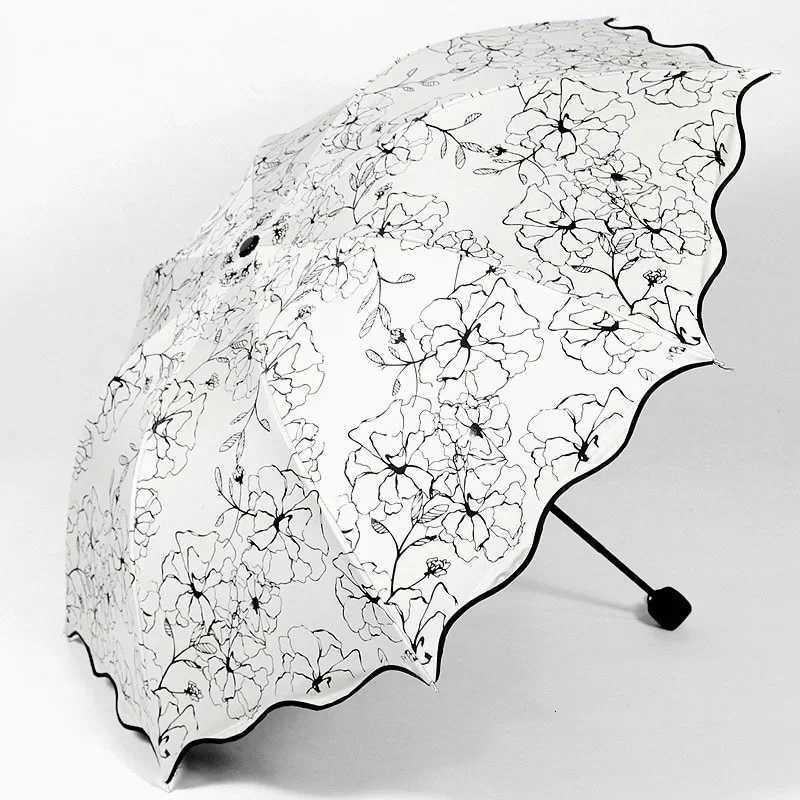 New Rain Sunshine Dual-purpose Umbrella Anti UV Black Coating Hibiscus Flower Folding Umbrella Fashion WaveEdge SunshadeUmbrellaM251122