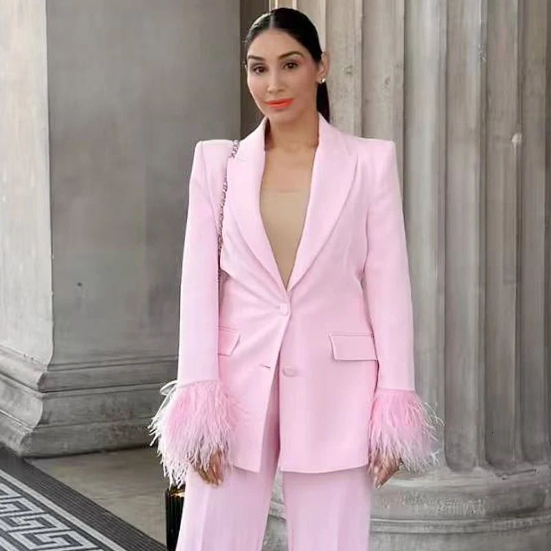 HXAO Womens Suit Pink Feather Blazer Woman Autumn Elegant Woman Blazer Long Sleeve Fitted Jacket Chic And Elegant Blazers 251121