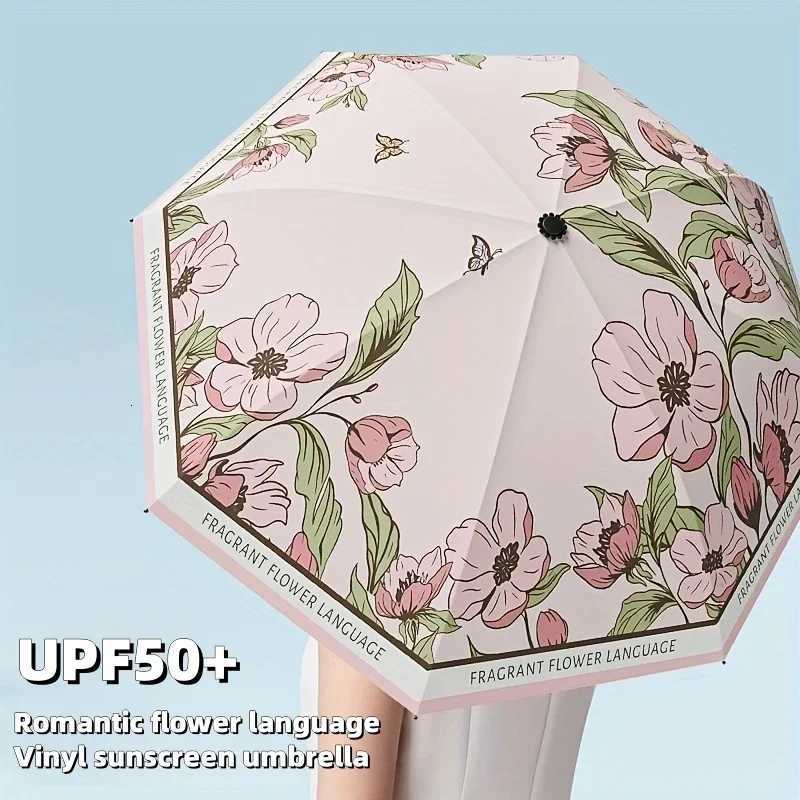 Elegant Flower Printed UPF50 Sun Umbrella Romantic UV Protection Umbrella Vinyl Coating Rain Parasol SunShade Folding UmbrellasM251122