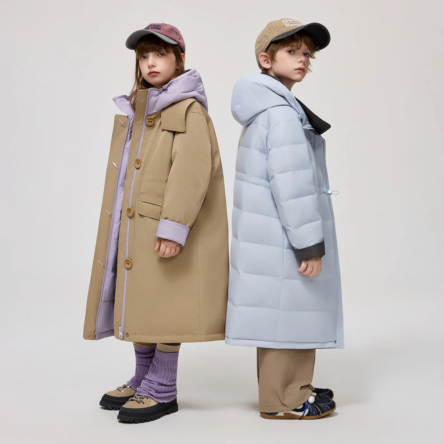 Korean Winter Junior Girls Midlength Coat Hooded 414Y Kids Padded Trench Reversible Khaki Thick Teens Jackets 2501105