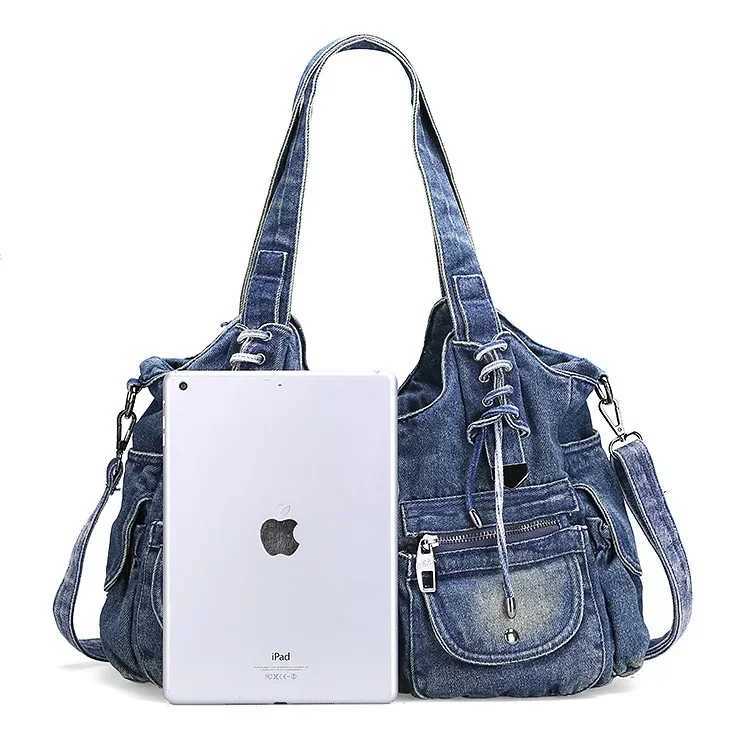 Large capacity handbag casual homeless denim bag womens shoulder bag jeans multi pocket handbag W250421
