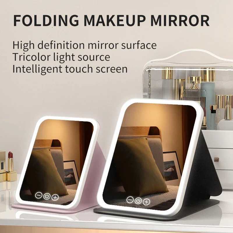3 Colors Dimmable LED Makeup Mirror with Touch Screen Fold Cosmetic Makeup Mirror Rechargeable Tabletop for Travel Home Use M251122