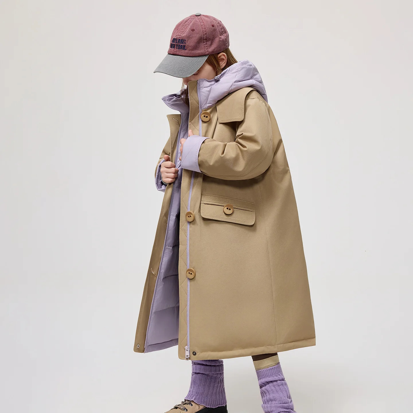 Korean Winter Junior Girls Midlength Coat Hooded 414Y Kids Padded Trench Reversible Khaki Thick Teens Jackets 2501105