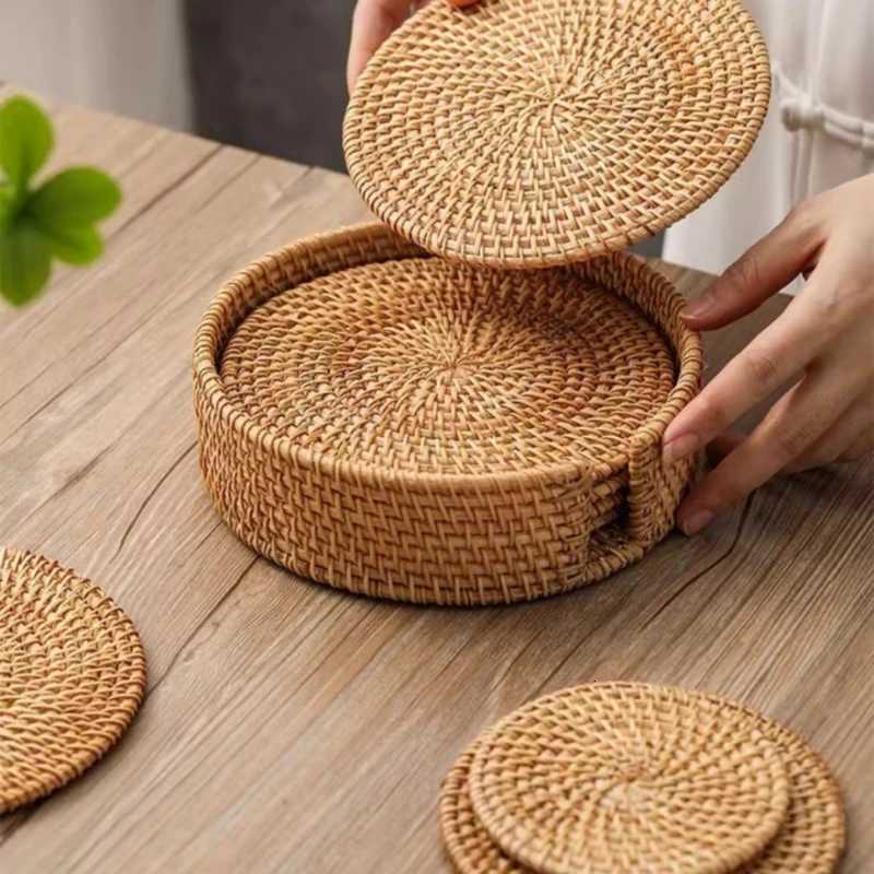 1Pc Pure Handmade Rattan CoastersRattan PatternsHeat Resistant Kitchen Dining CoastersWooden Storage Tea SetKitchen Gadgets C251122