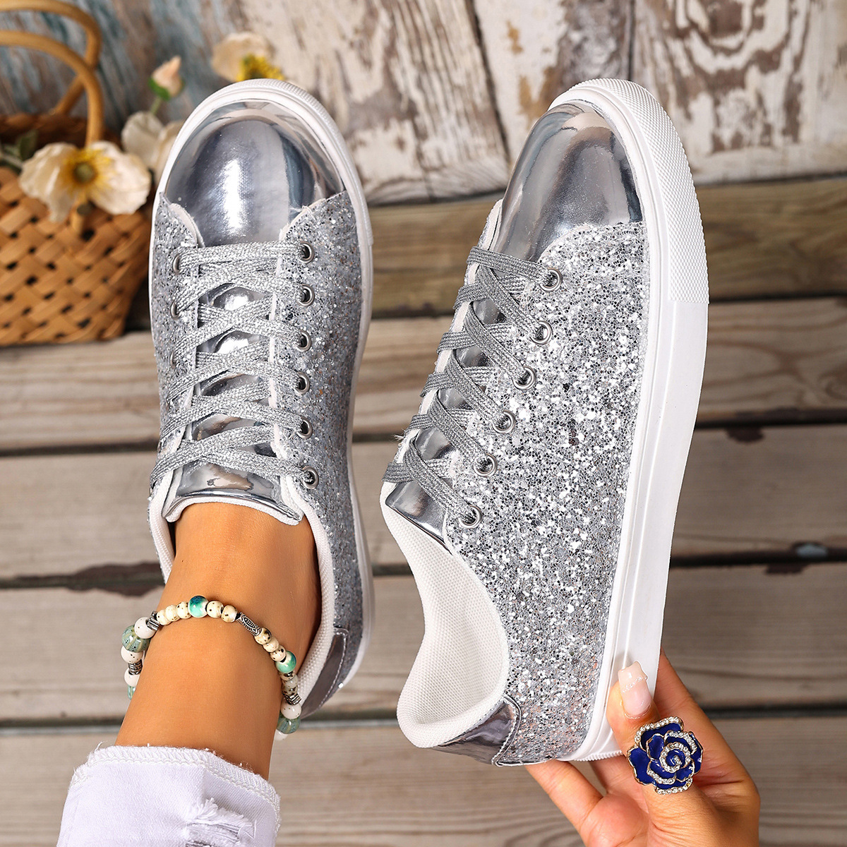 shoes women luxury 2025 Summer Plus Size Sneakers with Glitter, Western Style Front Lace-Up Solid Color Skate Shoes for Women