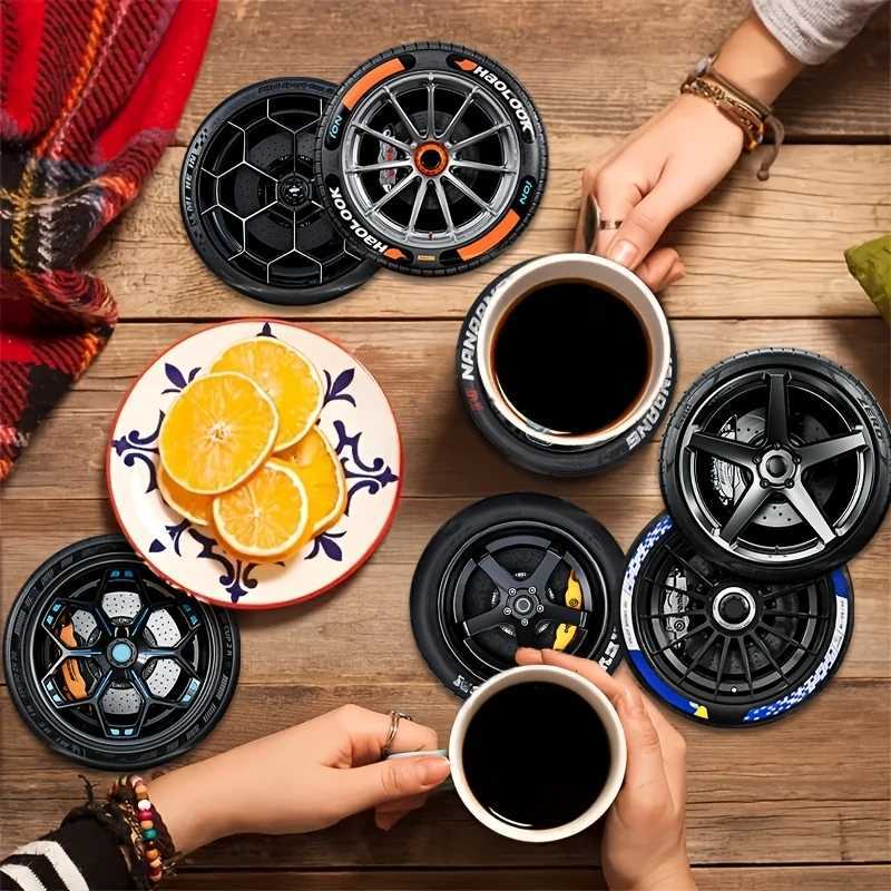8 Pcs 2D Wooden Coasters Tire Saucer Heat Resistant Non-Slip Home Office Bar Cafe Restaurant Holiday Birthday Gift Durable C251122
