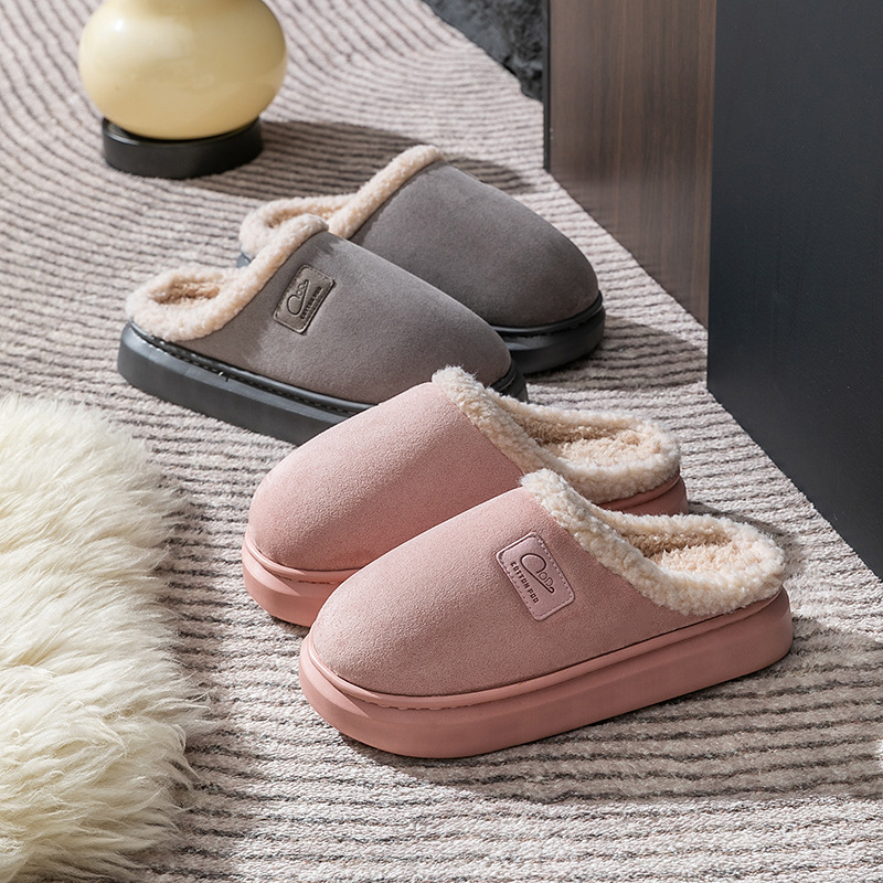 Winter Slippers for Couples, Thermal Non-Slip Cotton House Shoes, Plush Thick Sole Warm Slippers for Women and Men