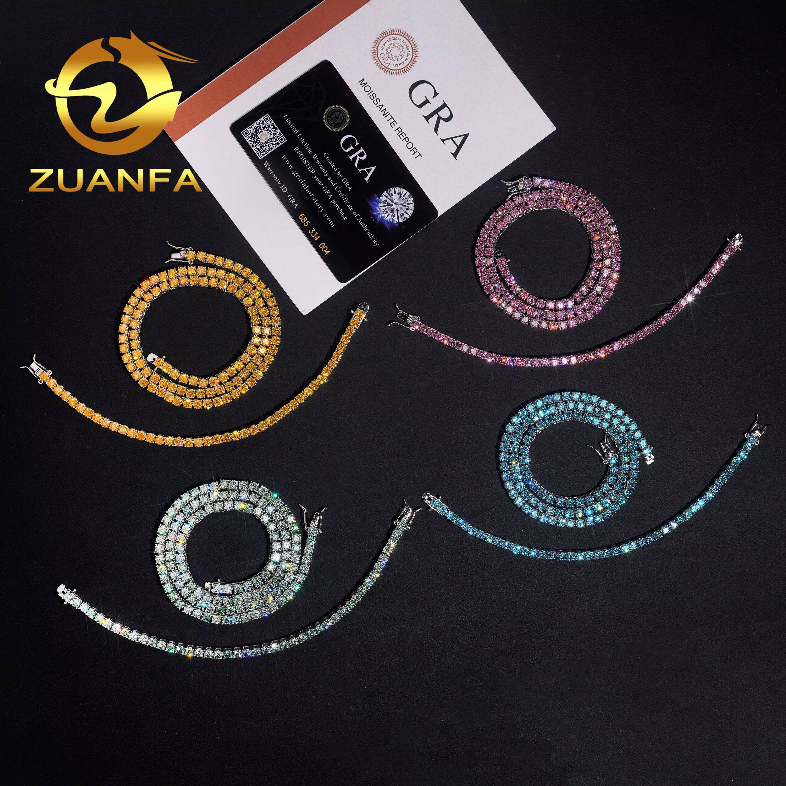 Color Moissanite 3mm 4mm 925 Silver Moissanite Tennis Chain Bracelet Fashion Hip Hop Jewelry Iced Out Tennis Necklace