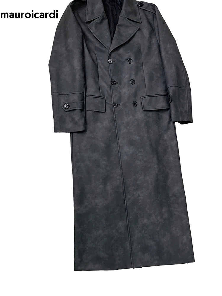 Mauroicardi Spring Autumn Long Distressed Pu Leather Trench Coat Men Belt Double Breasted Clothes Fashion 251110