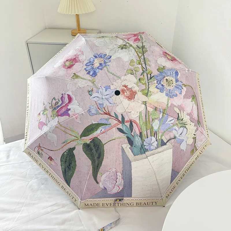 High-looking Retro Oil Painting Umbrella for Women Sunny or Rainy Sun Protection UV Protection Fully Automatic SunshadeM251122
