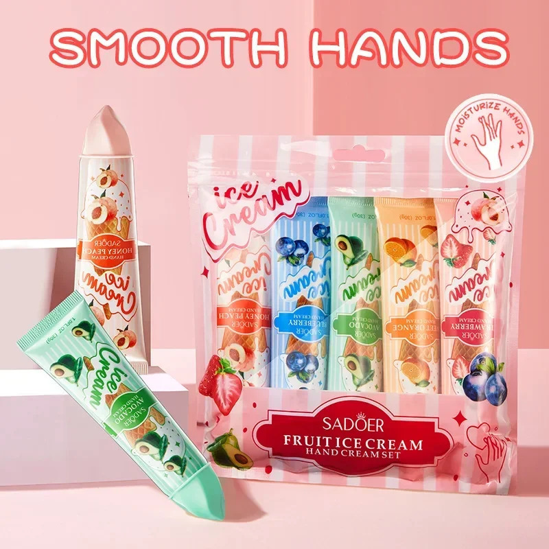 5pcsset SADOER Fruit Ice Cream Hand Moisturizing Nourishing Brightening Hydrating Creams Hands Skin Care Products 251103