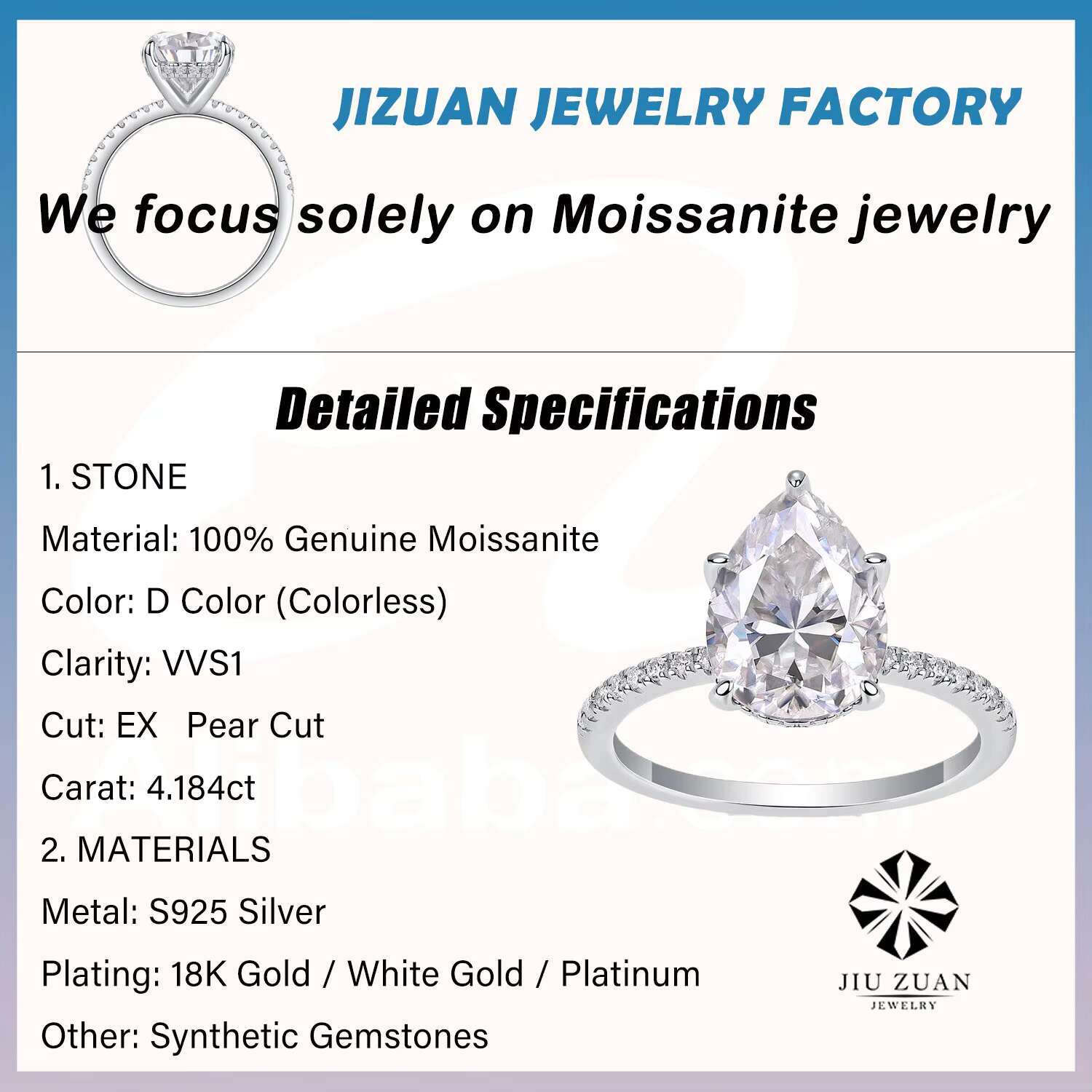 4.18ct Pear Cut Moissanite Ring S925 Sterling Silver 18K White Gold Plated Engagement Jewelry for Women