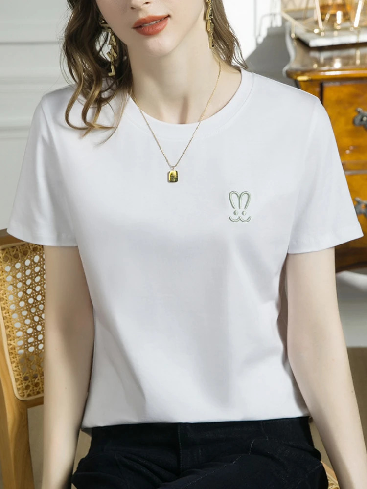 Womens pure cotton Tshirt summer casual short sleeved round neck ed rabbit basic silk combed fashionable 250418