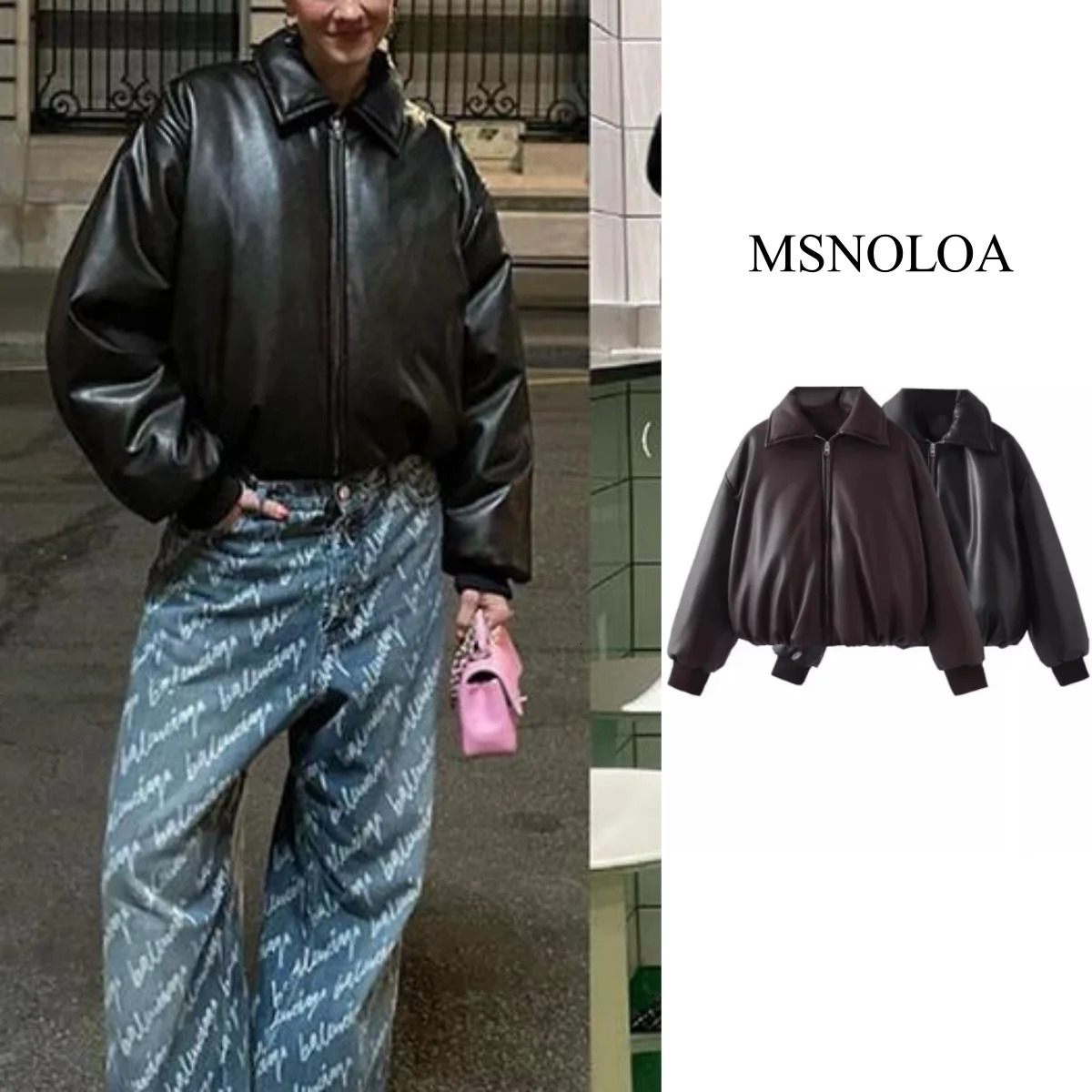 2024 Fall Winter Faux Leather Jacket for Women Oversized Streetwear Cotton Padded Parkas Short Bomber Coat Warm 251110