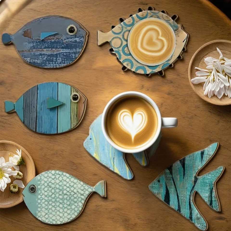 6pcs 2D Fish-Shaped Wooden Coasters Anti-skidding Heat-Resistant Beach-Themed Kitchen Decoration Maritime Style Coffee Shop Use C251122