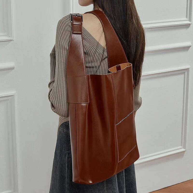 Toptrends Cowhide Genuine Leather Large Hobo Shoulder Bags For Women 2025 Luxury Designer Bucket Totes Shopping Ladies Handbags