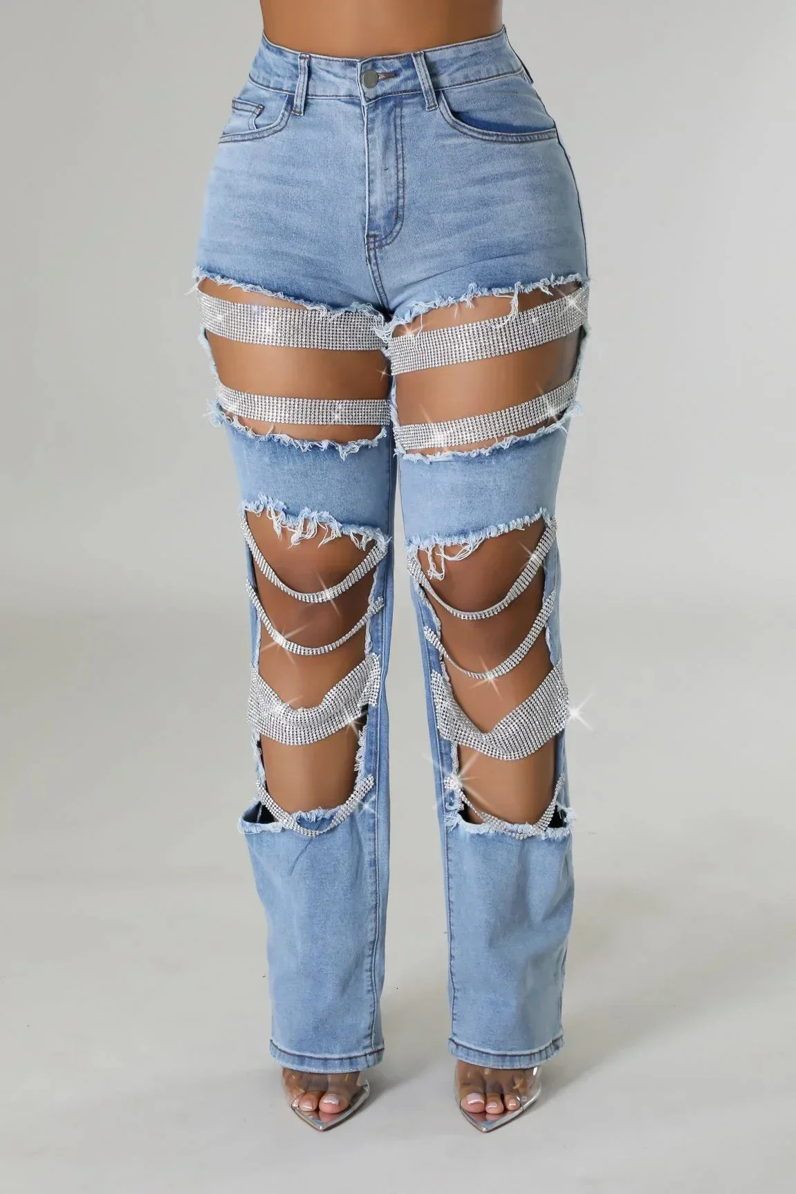Ripped Jeans for Women Straight Pants Diamonds Chain Stretch Distressed High Waist Floor Length 2025 Streetwear Denim Trousers 251111