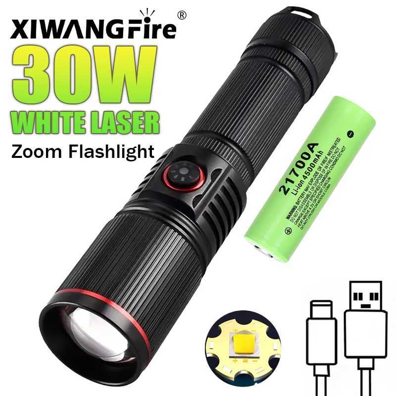 30W White Laser LED Flashlight Zoom Torch USB Rechargeable Light Outdoor Camping Hunting Fishing Walking Riding Lighting Lamp C251122