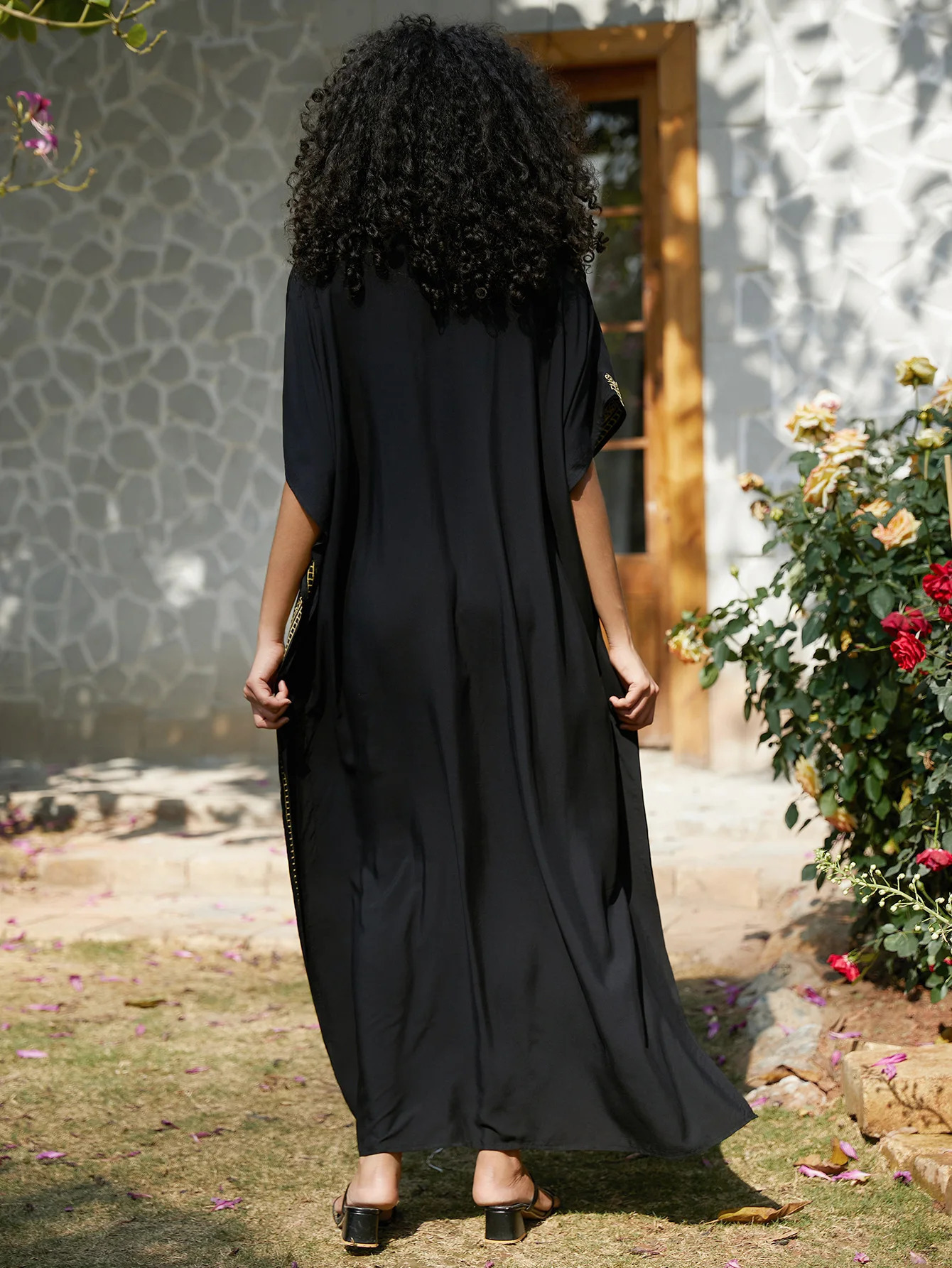 Golden embroidery long Kaftan dress Vneck beach coat womens 250415Z