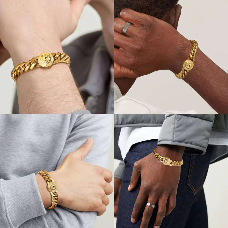 Easter Faith Gift Cross Lion Compass Anti-Tarnish Jewelry Gold-Plated sterling silver Men's Miami Cuban Chain Link Bracelet
