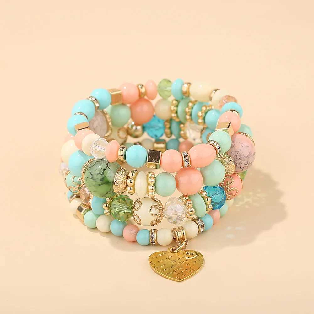 4Pcs Boho Crystal Beads Chain Bracelet Set For Women Vintage Heart Charm Elastic Bangle Female Fashion Party Jewelry J251122