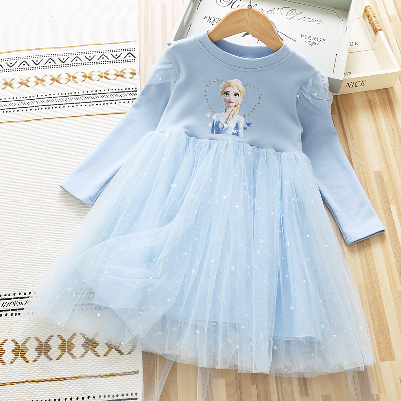 DISNEY kids designer clothes Girl's cotton long-sleeved mesh dress little girl's star Elsa princess dress children's designer clothing 