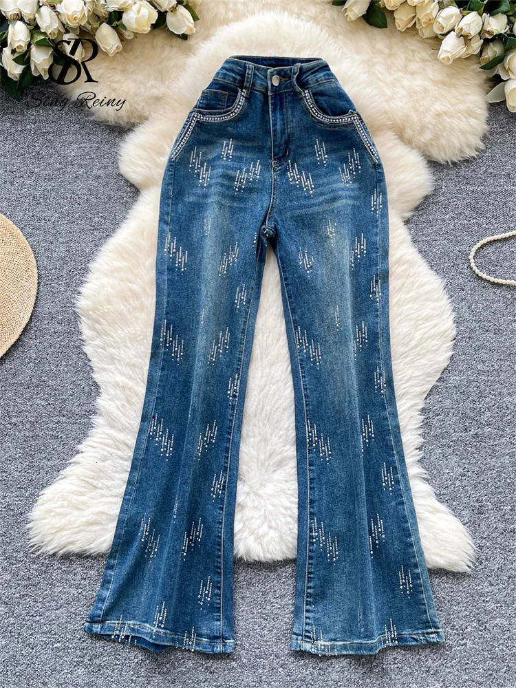 SINGREINY Autumn Diamond Denim Long Pants Womens Pockets Bodycon sweet Casual Trousers Fashion Shiny Retro Wide Leg Jeans 251111