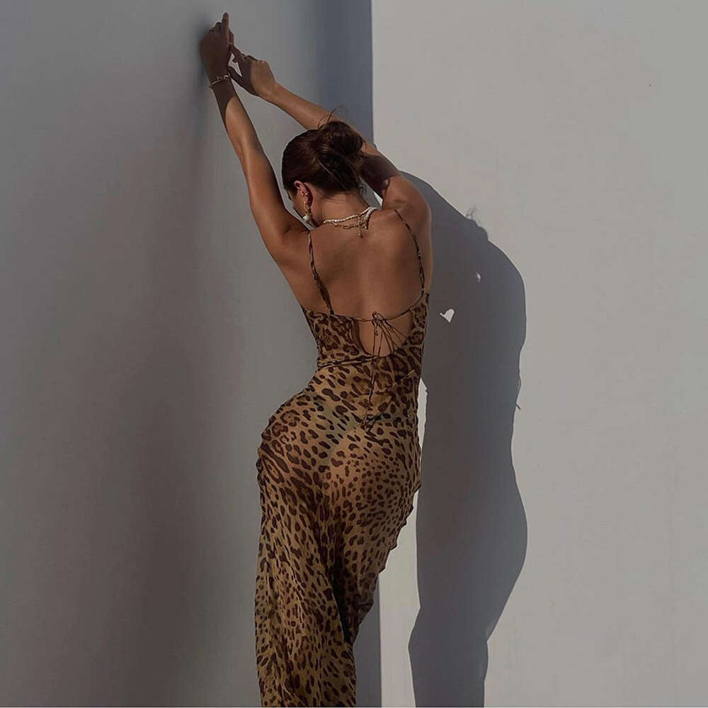 Hot selling European American spring and summer women's long dress with suspender, backless, slim fit leopard print evening dress, 2025 new casua