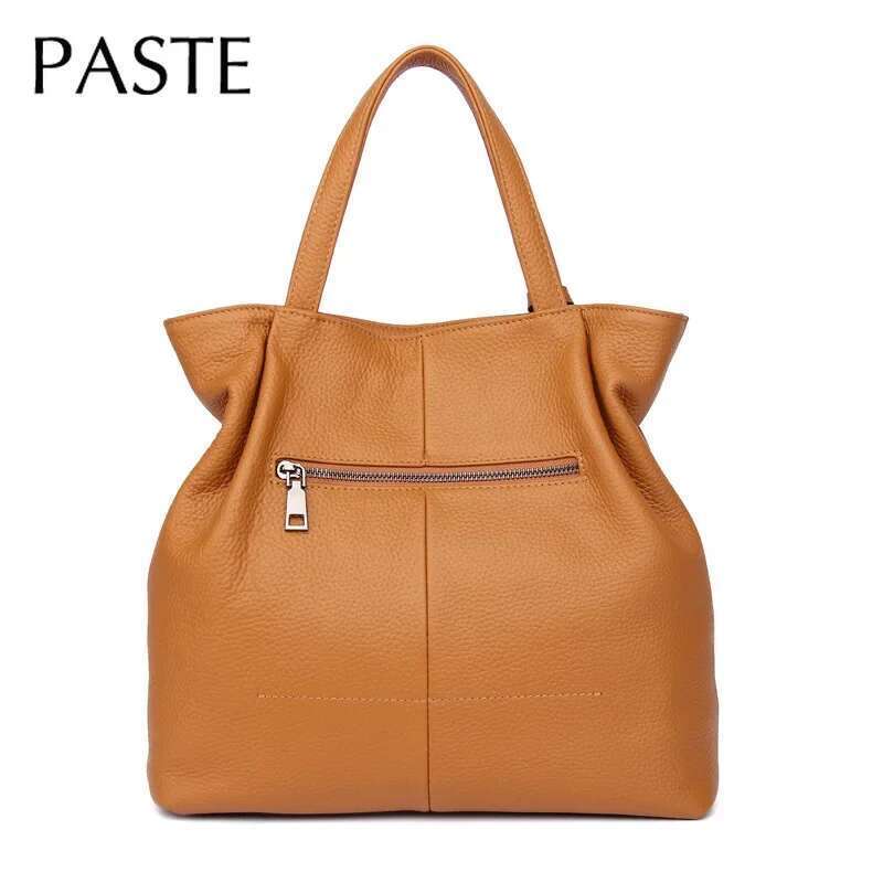 Simple Top Quality Tote Bag Grey Real Genuine Leather Women Handbag Soft Big Solid Color Female Shoulder Bags Bag