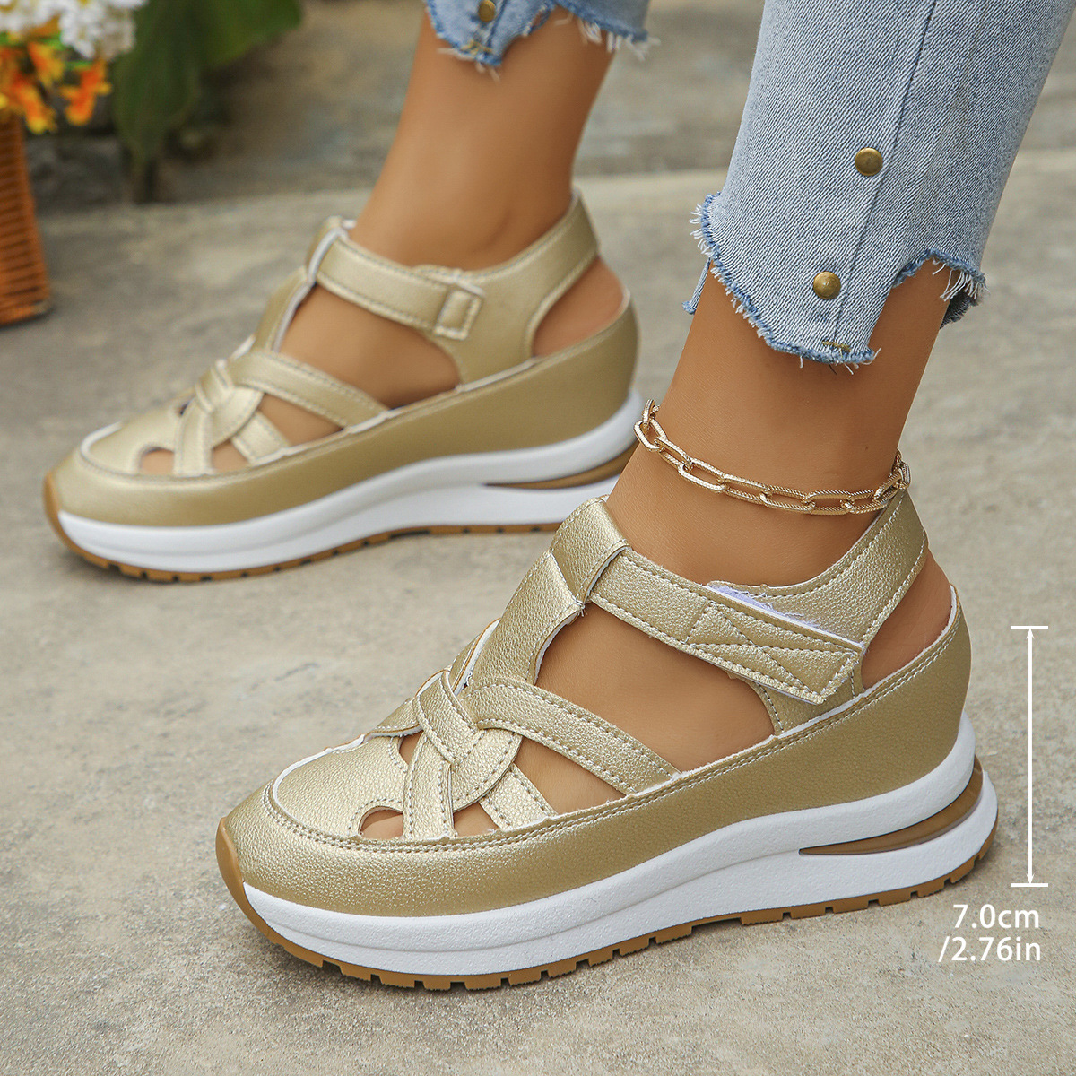 New Women Fashion Sandals Hollow-Out Wedge Platform Heel Round Toe Rubber Sole Casual Sports Shoes