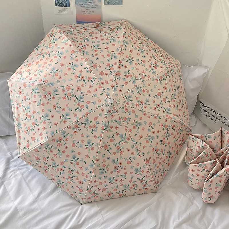 Automatic Manual Sun Umbrella for Both Sunny and Rainy Use Small Floral Black Glue Sun Protection Umbrella Compact and PortableM251122