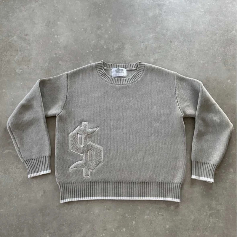 Men Gray Money Sign Sweater Y2k American Dollar Knit Pullover Vintage Classic Streetwear Warm Winter Crewneck Top Casual Fashion 251120