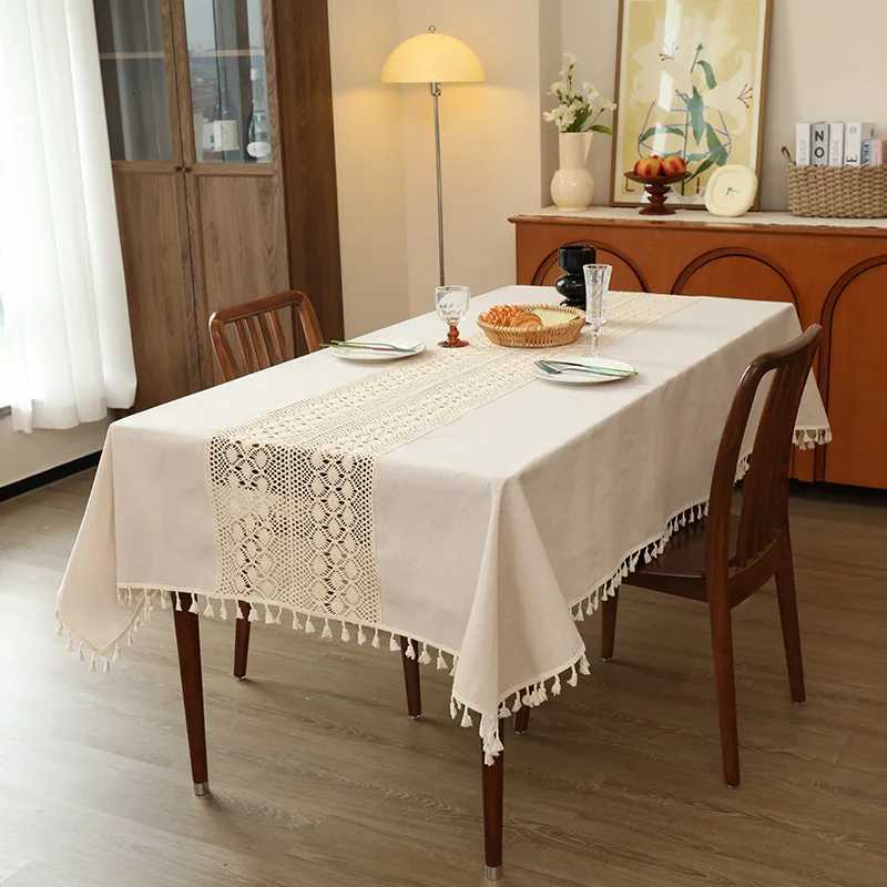 Double Idyllic Dining Table Clothcotton Thread Crochet Coffee Table Tableclothsolid Color Light Luxury Hollow Splicing Cover C251122